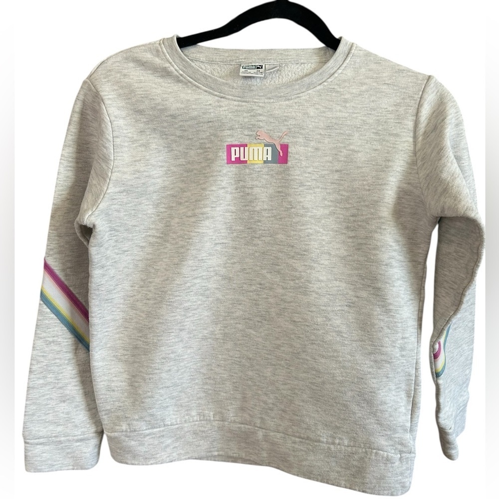 Puma Heather Gray Rainbow Stripe Sweatshirt Barbiecore Sporty Girls Large 12-14